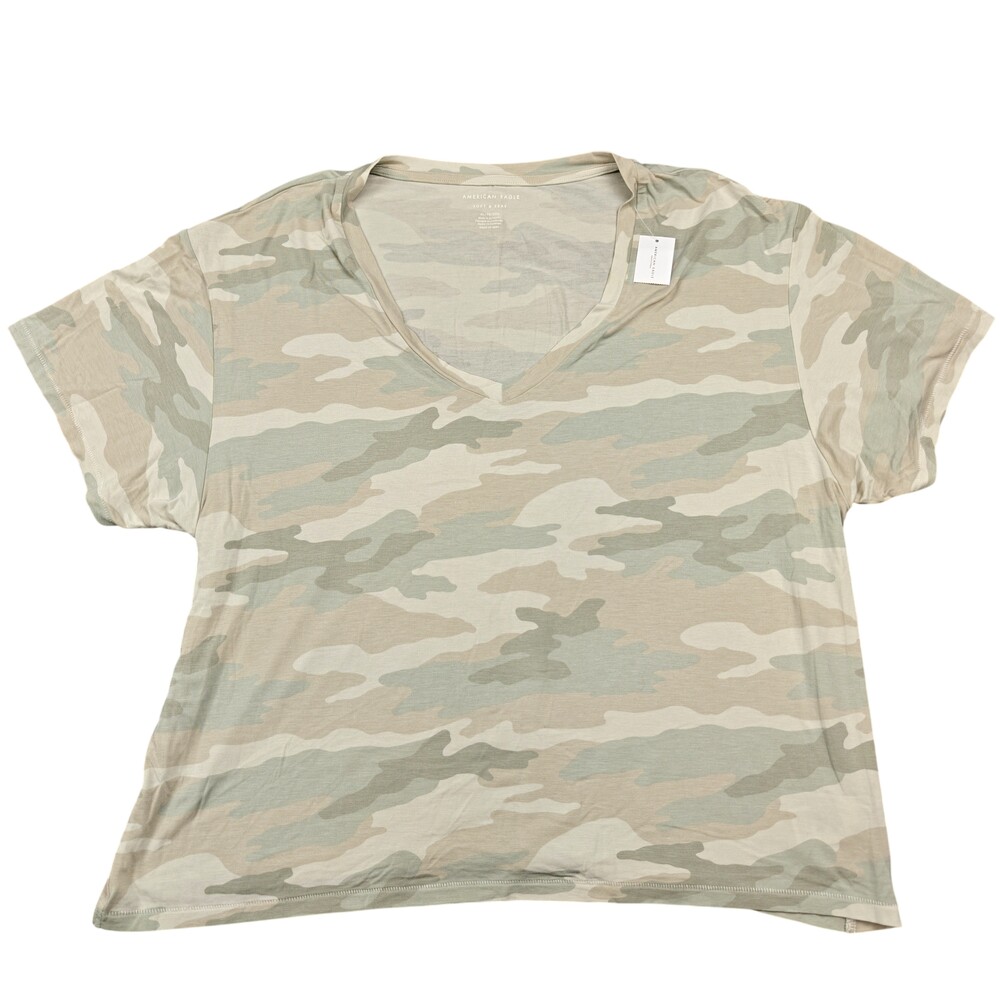 American Eagle T-Shirt Womens XL Beige Camo V-Neck Soft & Sexy Jersey Modal
